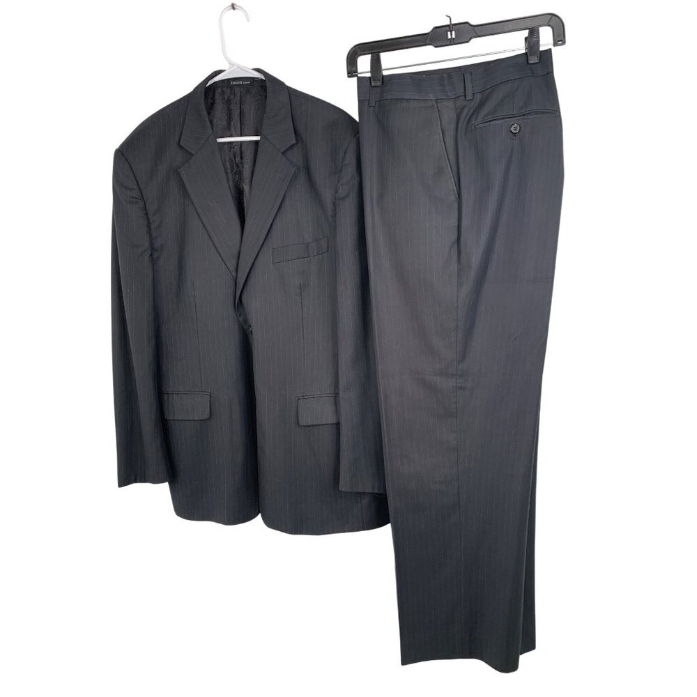 VTG Imani Uomo Mens Black Pinstripe Suit Set Super 150s 46R Italy RD10172